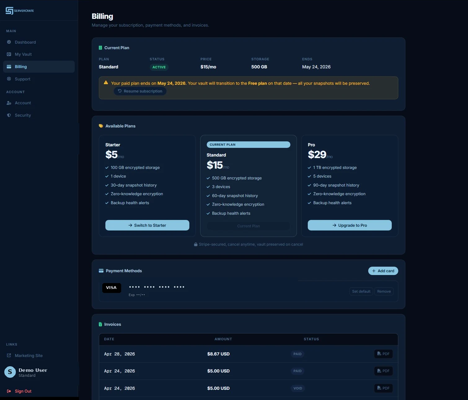 ServerCrate billing page showing current plan, available plans with switch and upgrade options, payment methods, and invoice history