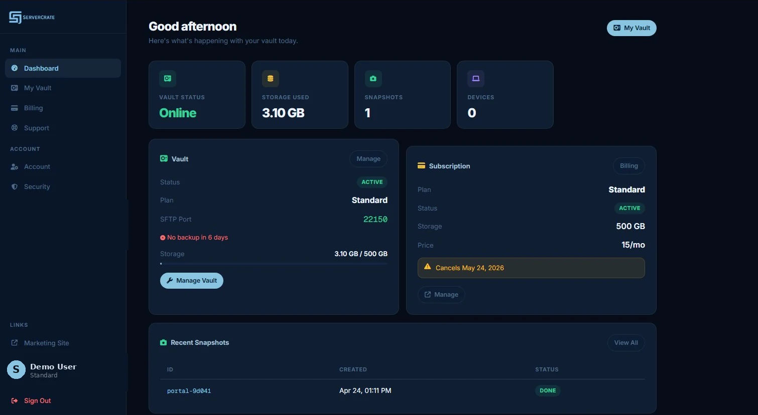 ServerCrate portal dashboard showing vault status, storage used, snapshots, devices, active subscription, and recent snapshot list