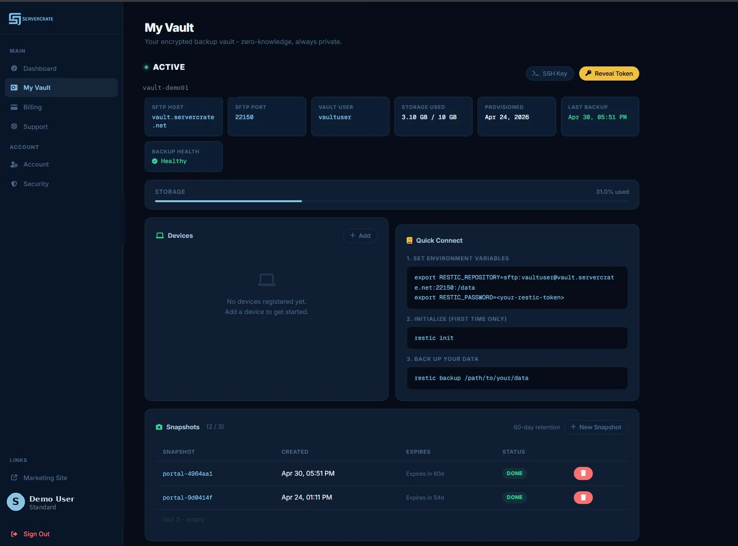 ServerCrate My Vault page showing SFTP host, port, vault user, storage usage, backup health, Quick Connect environment variables, and recent snapshots