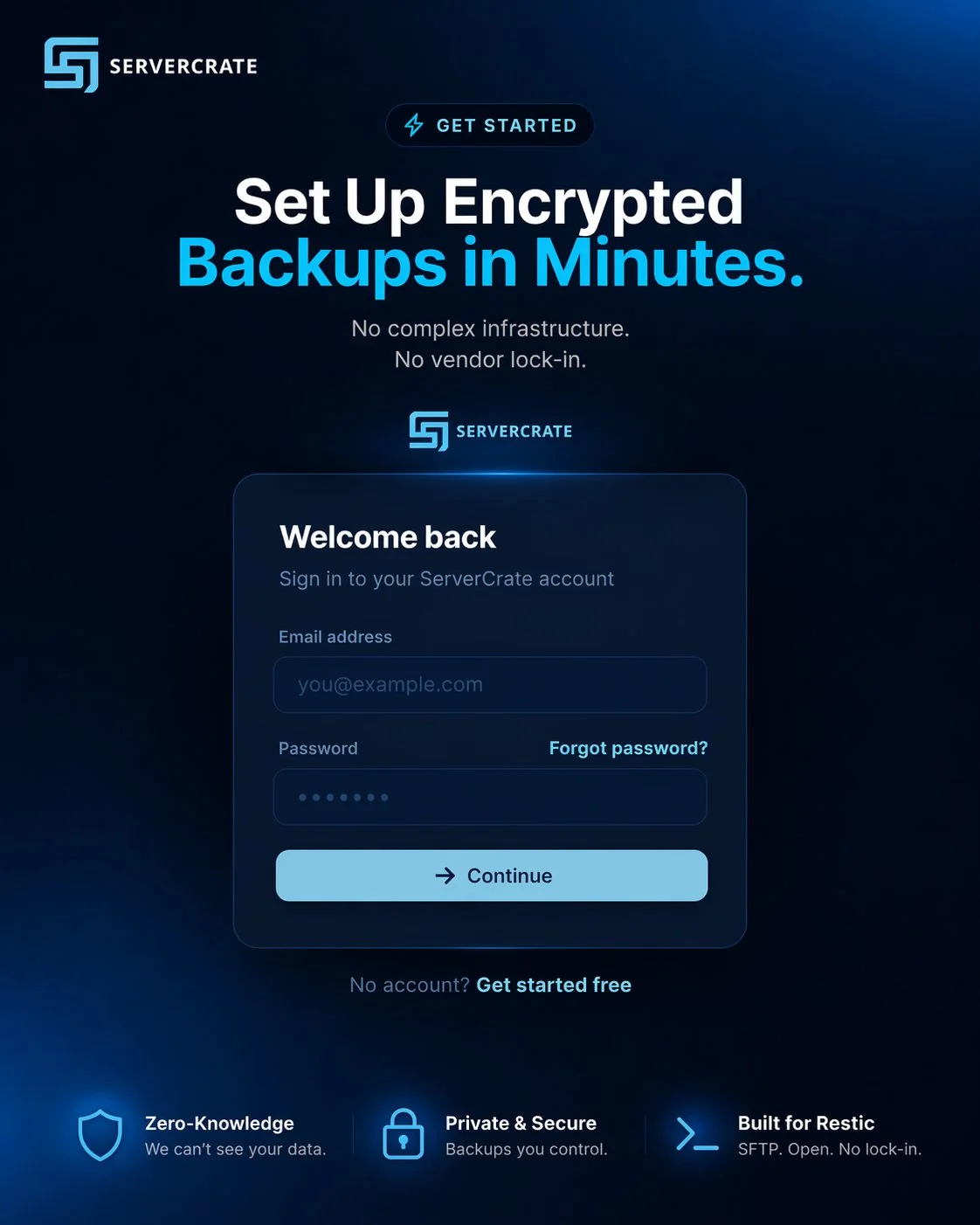 ServerCrate sign up page for encrypted offsite backup with clean onboarding