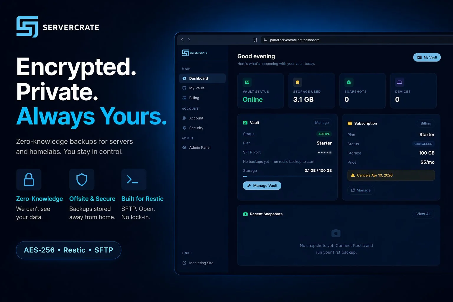 ServerCrate portal dashboard showing encrypted backup vault status, storage usage, active plan, and recent snapshots