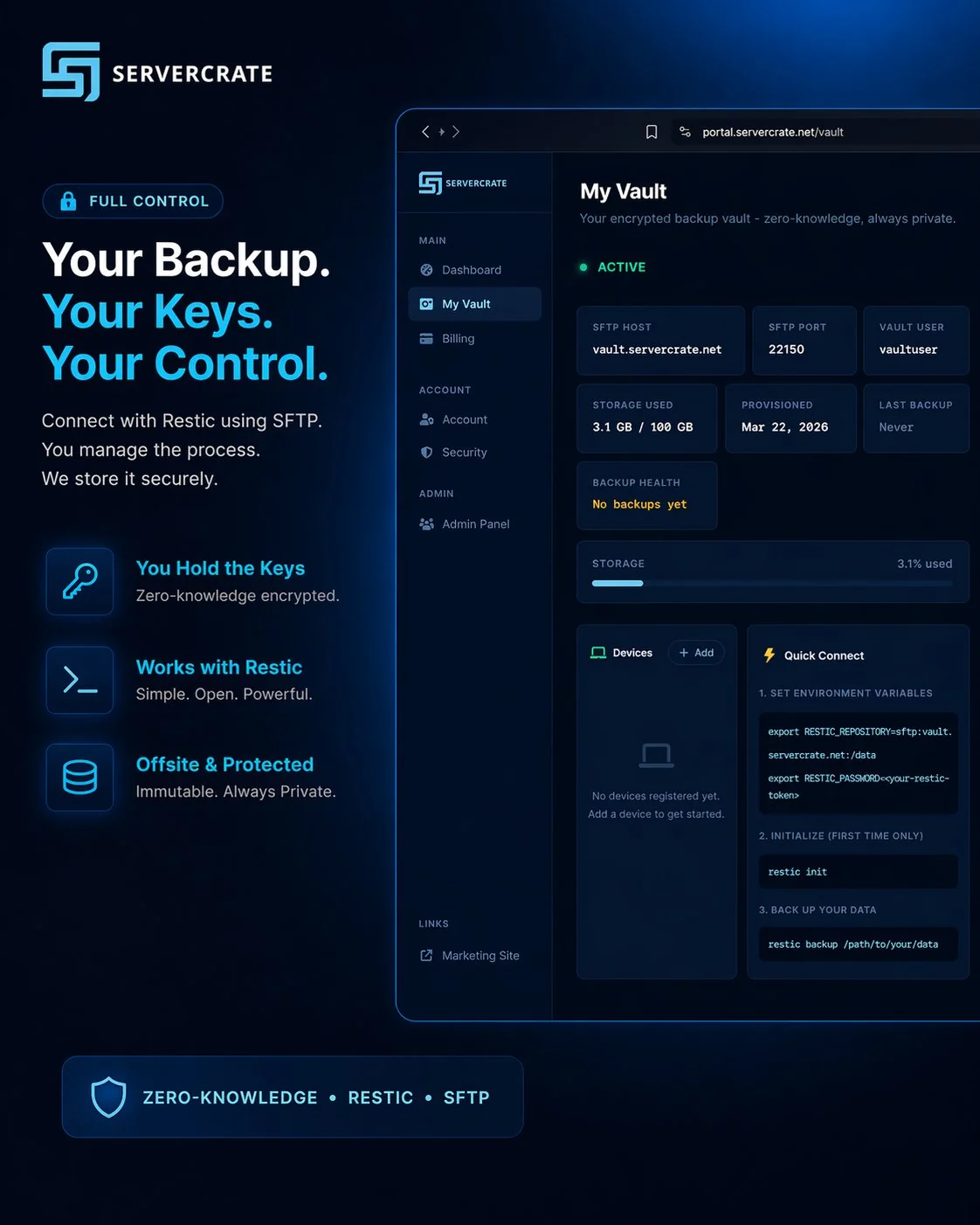 ServerCrate My Vault page displaying SFTP host, port, vault user, Restic environment variables, and quick-connect commands